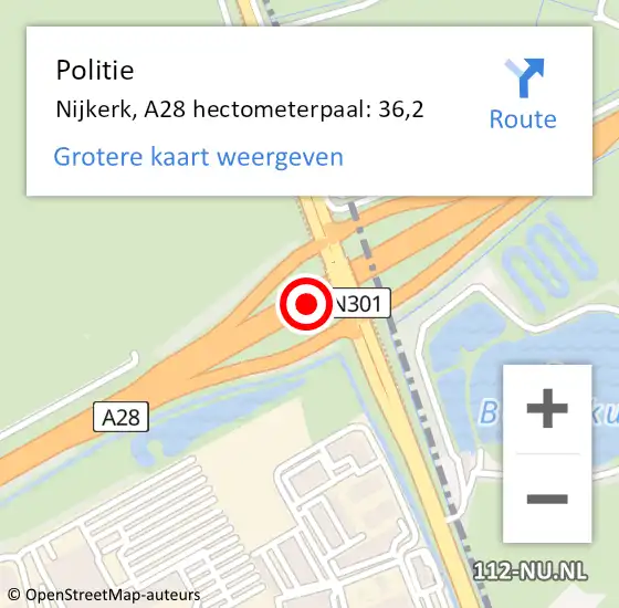 Locatie op kaart van de 112 melding: Politie Nijkerk, A28 hectometerpaal: 36,2 op 14 september 2024 13:41