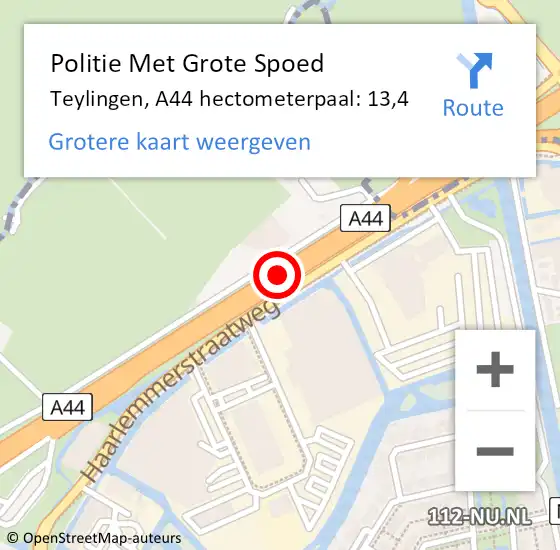 Locatie op kaart van de 112 melding: Politie Met Grote Spoed Naar Teylingen, A44 hectometerpaal: 13,4 op 14 september 2024 14:26