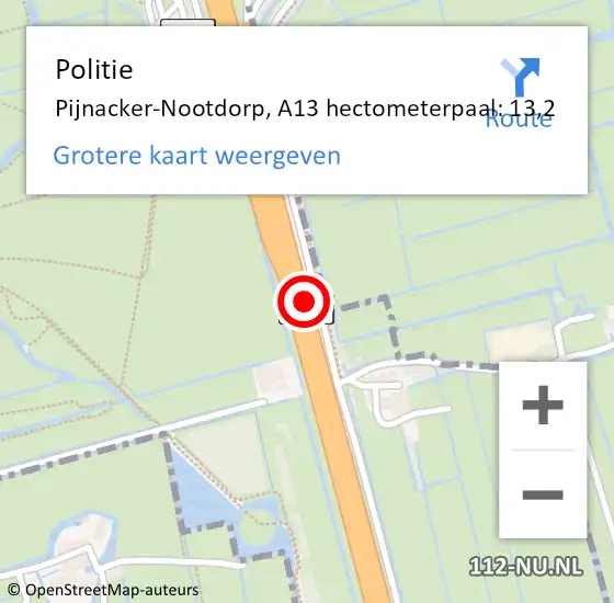 Locatie op kaart van de 112 melding: Politie Pijnacker-Nootdorp, A13 hectometerpaal: 13,2 op 14 september 2024 14:28