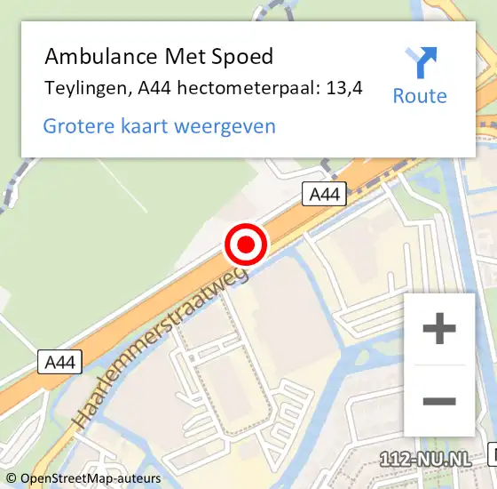 Locatie op kaart van de 112 melding: Ambulance Met Spoed Naar Teylingen, A44 hectometerpaal: 13,4 op 14 september 2024 14:34