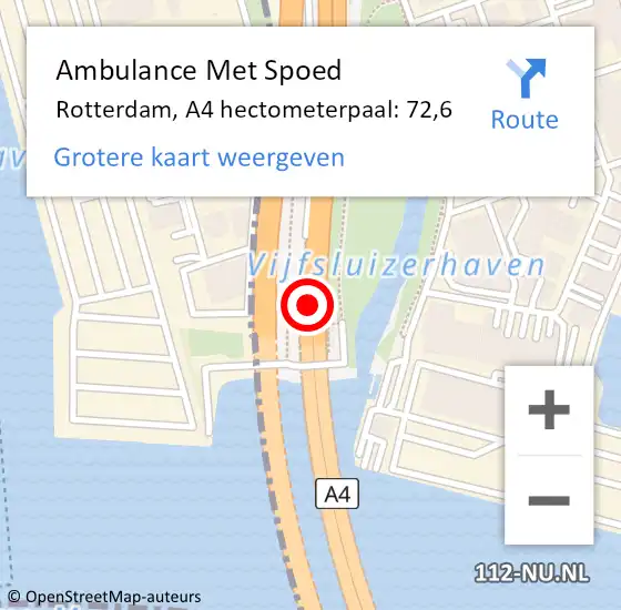 Locatie op kaart van de 112 melding: Ambulance Met Spoed Naar Rotterdam, A4 hectometerpaal: 72,6 op 14 september 2024 15:59