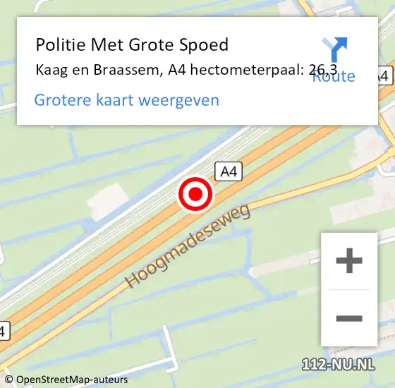 Locatie op kaart van de 112 melding: Politie Met Grote Spoed Naar Kaag en Braassem, A4 hectometerpaal: 26,3 op 14 september 2024 16:14