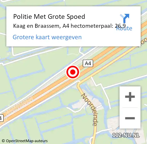 Locatie op kaart van de 112 melding: Politie Met Grote Spoed Naar Kaag en Braassem, A4 hectometerpaal: 26,9 op 14 september 2024 16:17