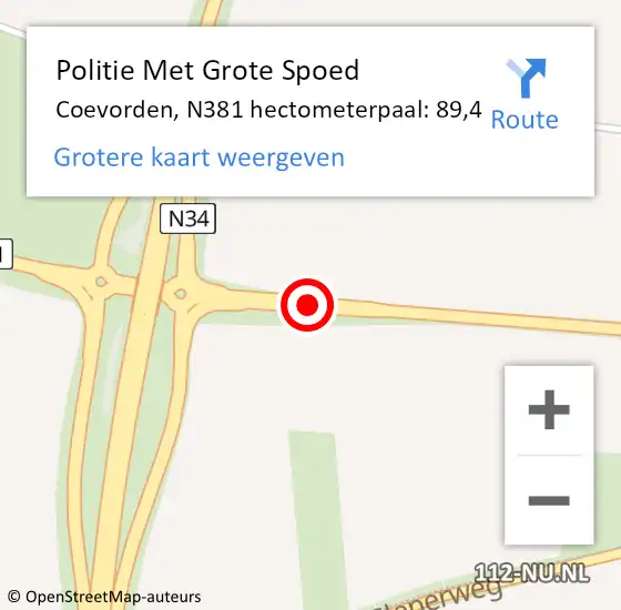 Locatie op kaart van de 112 melding: Politie Met Grote Spoed Naar Coevorden, N381 hectometerpaal: 89,4 op 14 september 2024 17:31