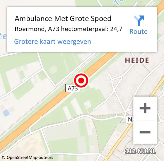 Locatie op kaart van de 112 melding: Ambulance Met Grote Spoed Naar Roermond, A73 hectometerpaal: 24,7 op 14 september 2024 17:37