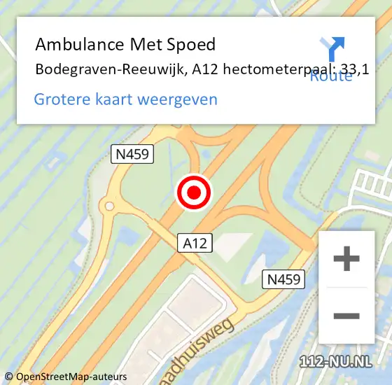 Locatie op kaart van de 112 melding: Ambulance Met Spoed Naar Bodegraven-Reeuwijk, A12 hectometerpaal: 33,1 op 14 september 2024 18:00