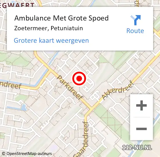 Locatie op kaart van de 112 melding: Ambulance Met Grote Spoed Naar Zoetermeer, Petuniatuin op 14 september 2024 18:18