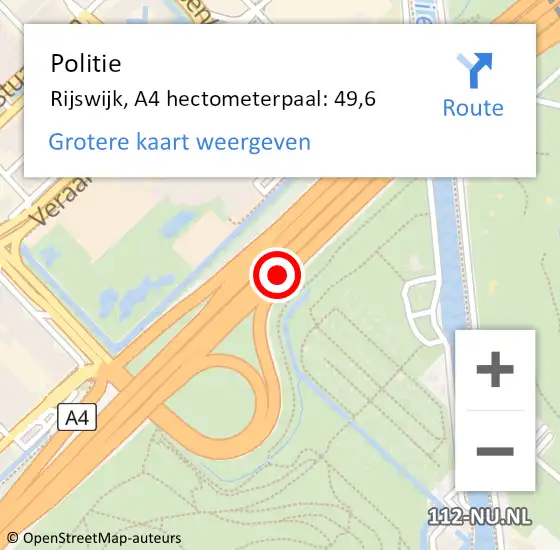 Locatie op kaart van de 112 melding: Politie Rijswijk, A4 hectometerpaal: 49,6 op 14 september 2024 18:20