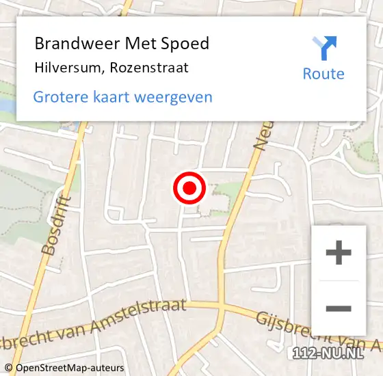 Locatie op kaart van de 112 melding: Brandweer Met Spoed Naar Hilversum, Rozenstraat op 14 september 2024 19:09