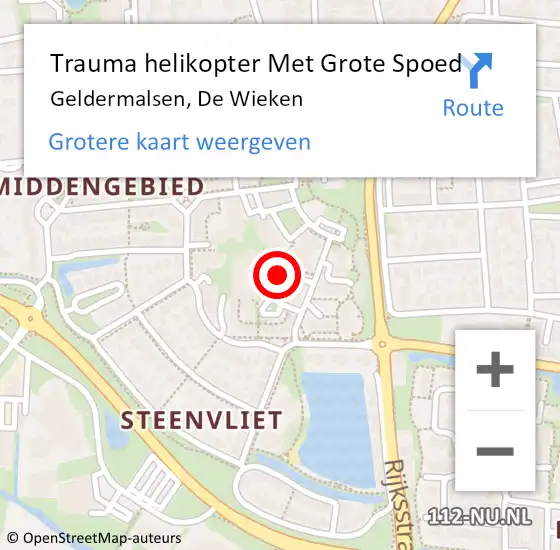 Locatie op kaart van de 112 melding: Trauma helikopter Met Grote Spoed Naar Geldermalsen, De Wieken op 14 september 2024 20:49