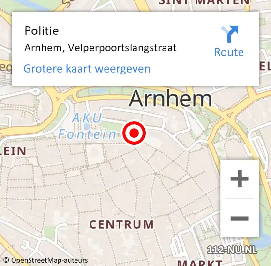 Locatie op kaart van de 112 melding: Politie Arnhem, Velperpoortslangstraat op 14 september 2024 22:26