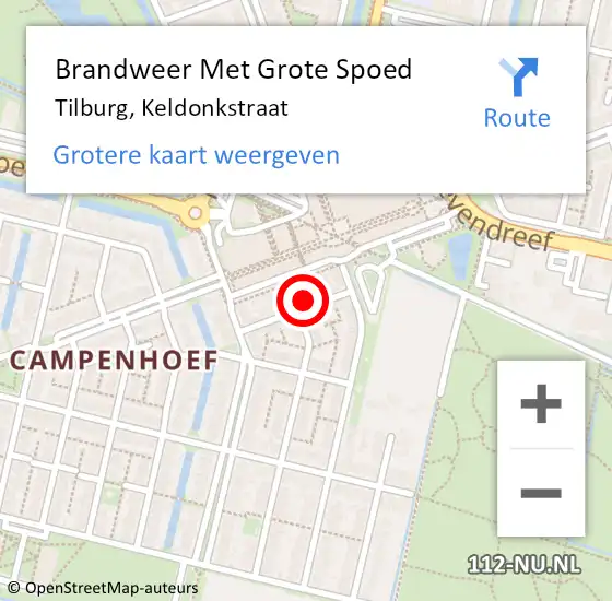 Locatie op kaart van de 112 melding: Brandweer Met Grote Spoed Naar Tilburg, Keldonkstraat op 14 september 2024 23:36