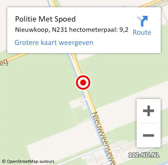 Locatie op kaart van de 112 melding: Politie Met Spoed Naar Nieuwkoop, N231 hectometerpaal: 9,2 op 15 september 2024 01:22