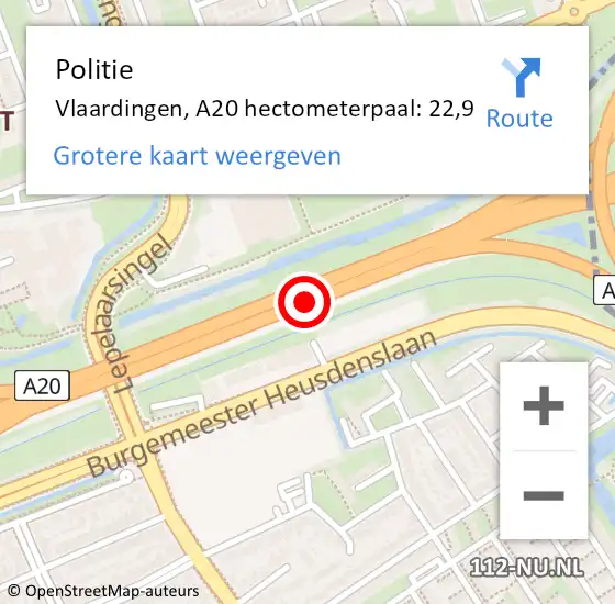 Locatie op kaart van de 112 melding: Politie Vlaardingen, A20 hectometerpaal: 22,9 op 15 september 2024 01:42