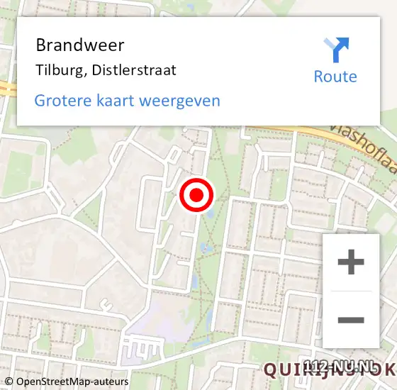 Locatie op kaart van de 112 melding: Brandweer Tilburg, Distlerstraat op 15 september 2024 04:35