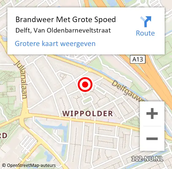 Locatie op kaart van de 112 melding: Brandweer Met Grote Spoed Naar Delft, Van Oldenbarneveltstraat op 15 september 2024 07:07