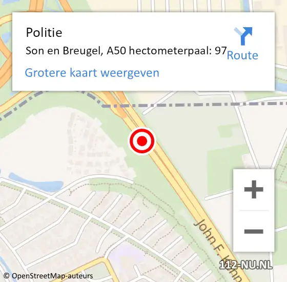 Locatie op kaart van de 112 melding: Politie Son en Breugel, A50 hectometerpaal: 97 op 15 september 2024 09:47