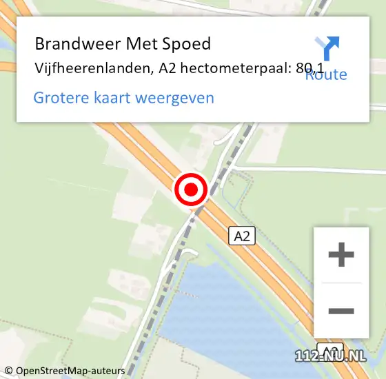 Locatie op kaart van de 112 melding: Brandweer Met Spoed Naar Vijfheerenlanden, A2 hectometerpaal: 80,1 op 15 september 2024 11:25