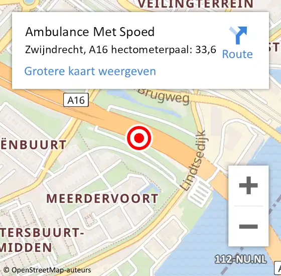 Locatie op kaart van de 112 melding: Ambulance Met Spoed Naar Zwijndrecht, A16 hectometerpaal: 33,6 op 15 september 2024 11:56