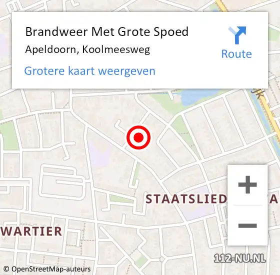 Locatie op kaart van de 112 melding: Brandweer Met Grote Spoed Naar Apeldoorn, Koolmeesweg op 15 september 2024 13:00