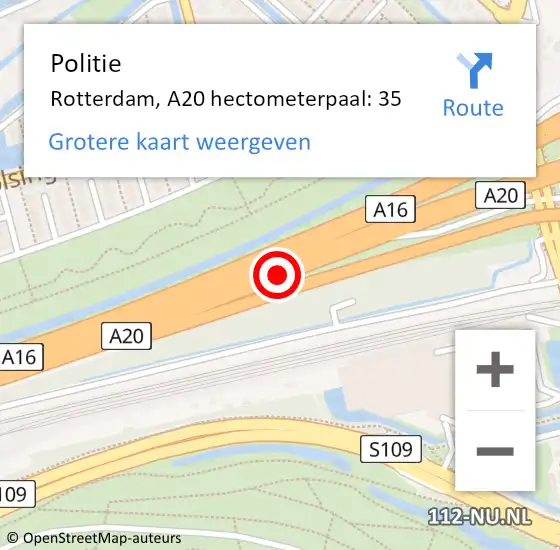 Locatie op kaart van de 112 melding: Politie Rotterdam, A20 hectometerpaal: 35 op 15 september 2024 13:52