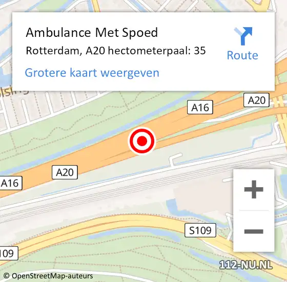 Locatie op kaart van de 112 melding: Ambulance Met Spoed Naar Rotterdam, A20 hectometerpaal: 35 op 15 september 2024 13:53