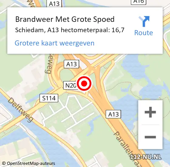 Locatie op kaart van de 112 melding: Brandweer Met Grote Spoed Naar Schiedam, A13 hectometerpaal: 16,7 op 15 september 2024 14:00