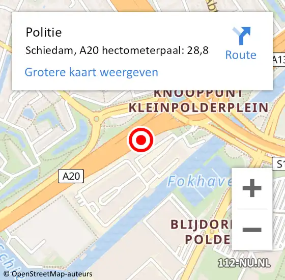 Locatie op kaart van de 112 melding: Politie Schiedam, A20 hectometerpaal: 28,8 op 15 september 2024 14:43