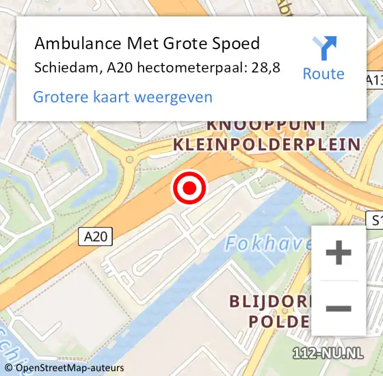 Locatie op kaart van de 112 melding: Ambulance Met Grote Spoed Naar Schiedam, A20 hectometerpaal: 28,8 op 15 september 2024 15:00