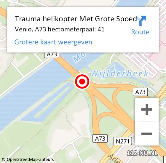 Locatie op kaart van de 112 melding: Trauma helikopter Met Grote Spoed Naar Venlo, A73 hectometerpaal: 41 op 15 september 2024 15:39