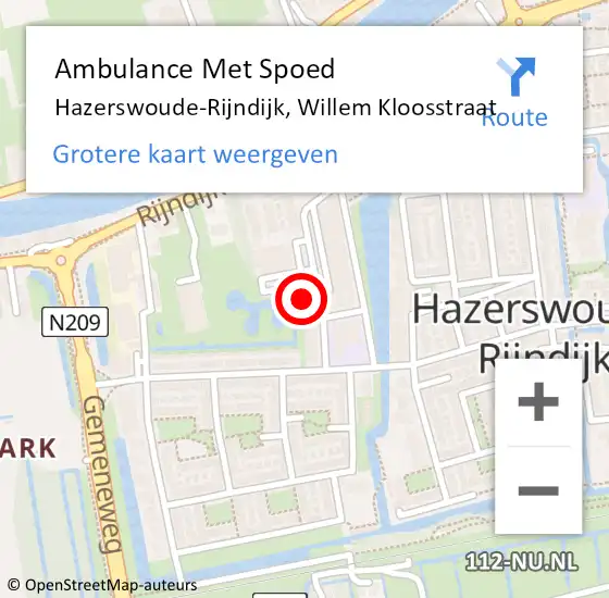 Locatie op kaart van de 112 melding: Ambulance Met Spoed Naar Hazerswoude-Rijndijk, Willem Kloosstraat op 15 september 2024 15:49