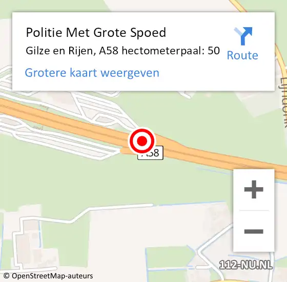 Locatie op kaart van de 112 melding: Politie Met Grote Spoed Naar Gilze en Rijen, A58 hectometerpaal: 50 op 15 september 2024 17:37