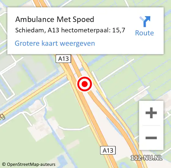 Locatie op kaart van de 112 melding: Ambulance Met Spoed Naar Schiedam, A13 hectometerpaal: 15,7 op 15 september 2024 18:41