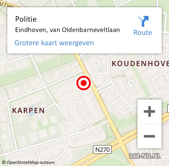 Locatie op kaart van de 112 melding: Politie Eindhoven, van Oldenbarneveltlaan op 15 september 2024 19:10