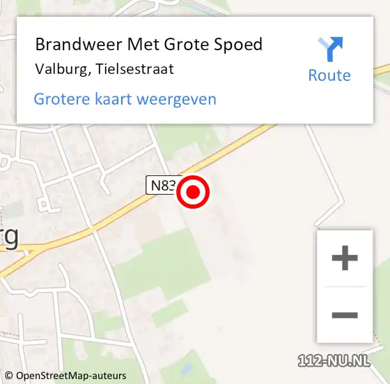 Locatie op kaart van de 112 melding: Brandweer Met Grote Spoed Naar Valburg, Tielsestraat op 15 september 2024 20:37