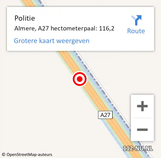 Locatie op kaart van de 112 melding: Politie Almere, A27 hectometerpaal: 116,2 op 15 september 2024 21:20