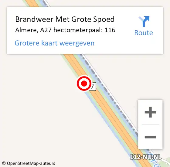 Locatie op kaart van de 112 melding: Brandweer Met Grote Spoed Naar Almere, A27 hectometerpaal: 116 op 15 september 2024 21:25