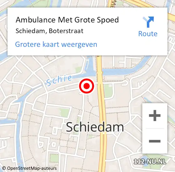 Locatie op kaart van de 112 melding: Ambulance Met Grote Spoed Naar Schiedam, Boterstraat op 15 september 2024 22:12