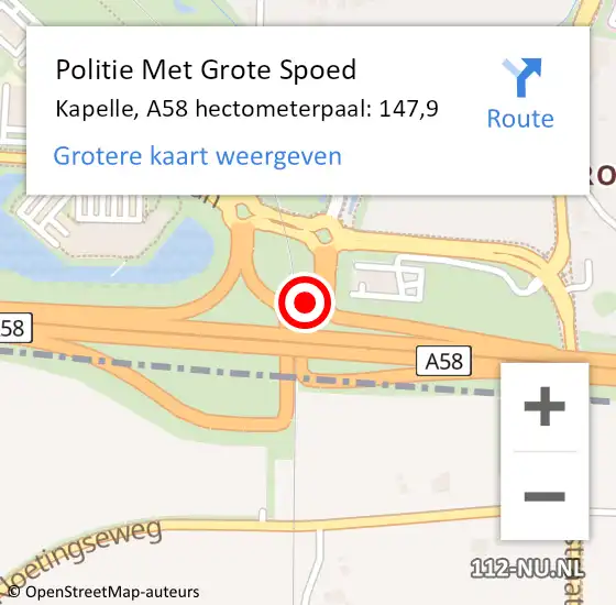 Locatie op kaart van de 112 melding: Politie Met Grote Spoed Naar Kapelle, A58 hectometerpaal: 147,9 op 15 september 2024 23:29