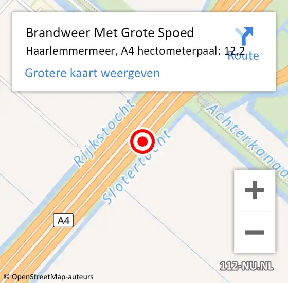 Locatie op kaart van de 112 melding: Brandweer Met Grote Spoed Naar Haarlemmermeer, A4 hectometerpaal: 12,2 op 15 september 2024 23:32