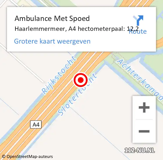 Locatie op kaart van de 112 melding: Ambulance Met Spoed Naar Haarlemmermeer, A4 hectometerpaal: 12,2 op 15 september 2024 23:32