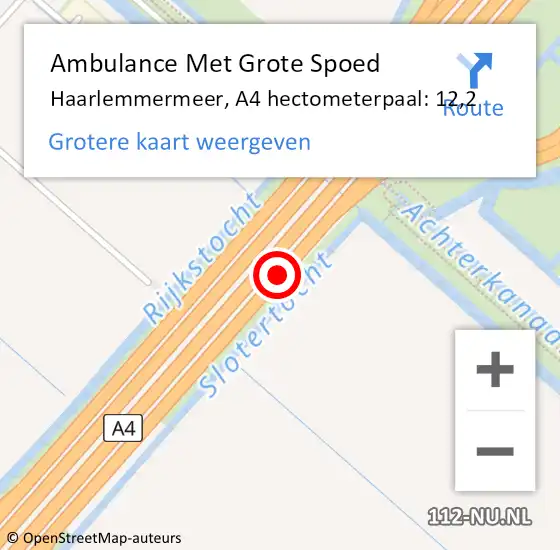 Locatie op kaart van de 112 melding: Ambulance Met Grote Spoed Naar Haarlemmermeer, A4 hectometerpaal: 12,2 op 15 september 2024 23:33