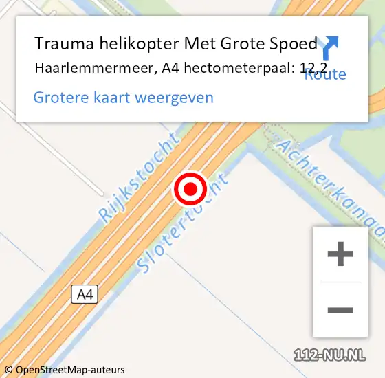 Locatie op kaart van de 112 melding: Trauma helikopter Met Grote Spoed Naar Haarlemmermeer, A4 hectometerpaal: 12,2 op 15 september 2024 23:33