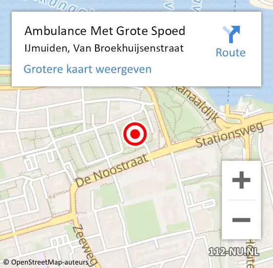 Locatie op kaart van de 112 melding: Ambulance Met Grote Spoed Naar IJmuiden, Van Broekhuijsenstraat op 16 september 2024 02:47