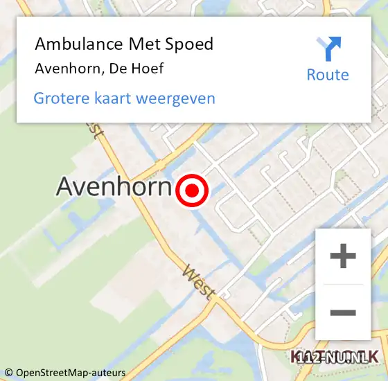 Locatie op kaart van de 112 melding: Ambulance Met Spoed Naar Avenhorn, De Hoef op 16 september 2024 03:42