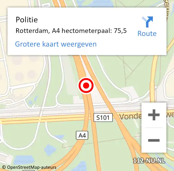 Locatie op kaart van de 112 melding: Politie Rotterdam, A4 hectometerpaal: 75,5 op 16 september 2024 06:33