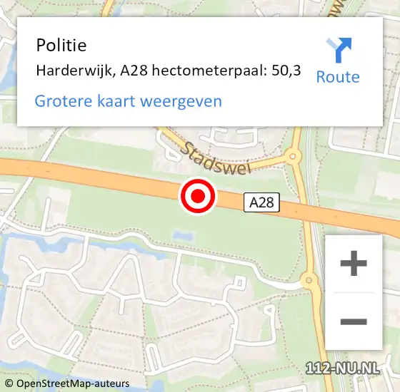 Locatie op kaart van de 112 melding: Politie Harderwijk, A28 hectometerpaal: 50,3 op 16 september 2024 06:44