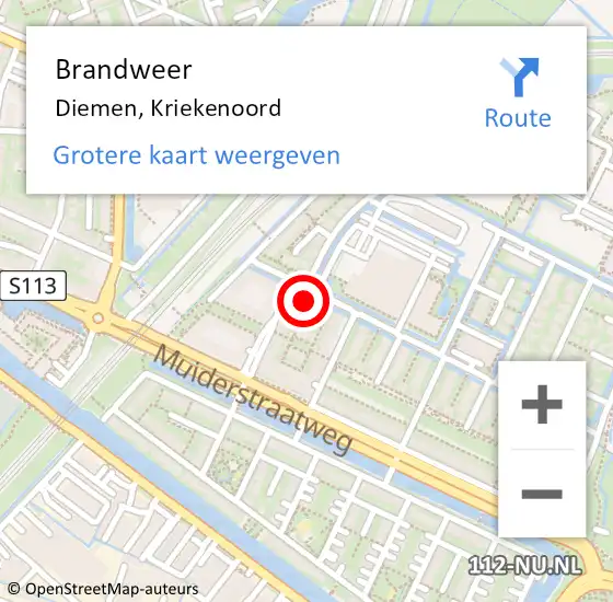 Locatie op kaart van de 112 melding: Brandweer Diemen, Kriekenoord op 16 september 2024 07:00