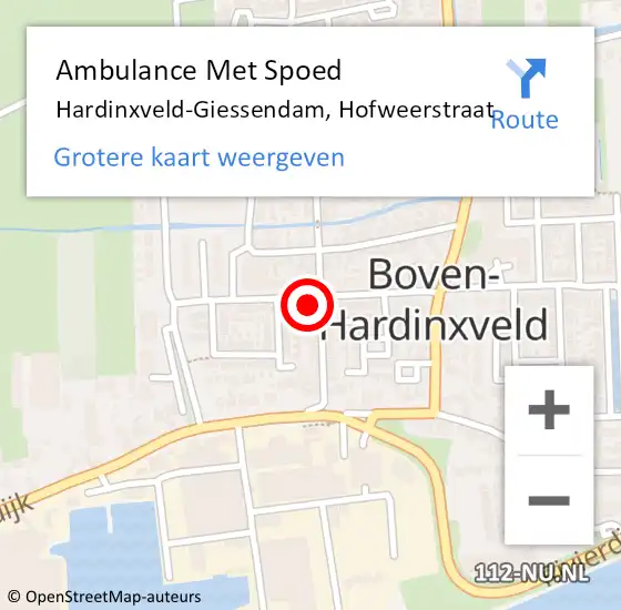 Locatie op kaart van de 112 melding: Ambulance Met Spoed Naar Hardinxveld-Giessendam, Hofweerstraat op 16 september 2024 07:01