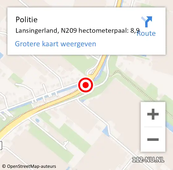 Locatie op kaart van de 112 melding: Politie Lansingerland, N209 hectometerpaal: 8,9 op 16 september 2024 07:18